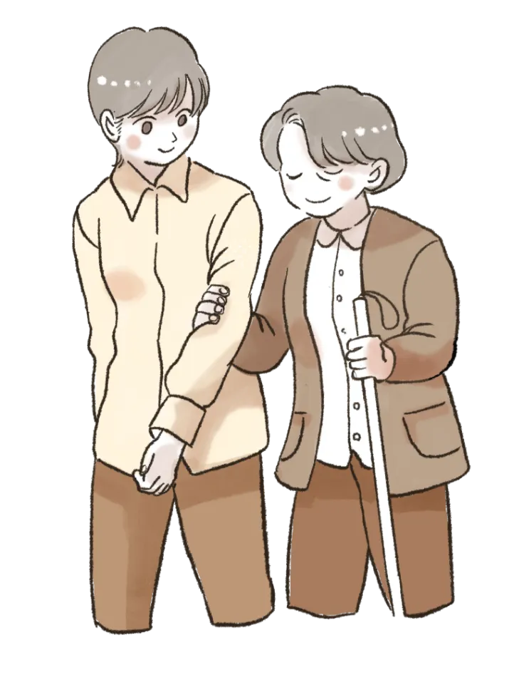 白杖を持った女性とヘルパーのイラスト